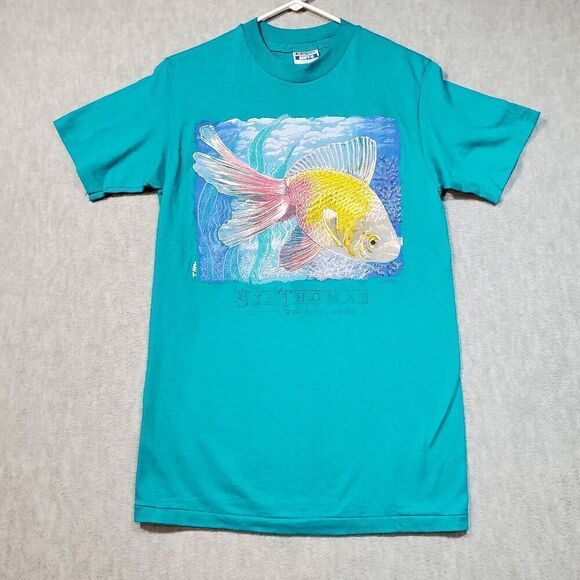 St. Thomas Shirt Mens Medium Green Graphic Fish Print Crewneck Hanes Vintage Tee - Picture 1 of 8